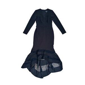 Xscape Black Long Sleeve Mermaid Gown With Sheer Layered Hem Formal Size 4